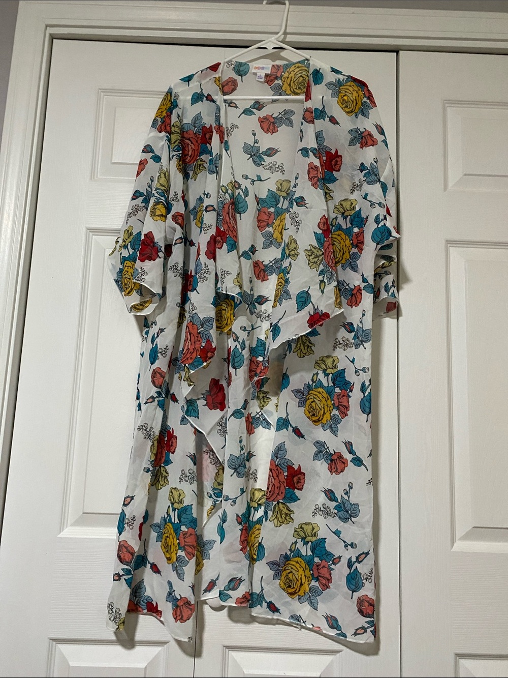 LuLaRoe White Floral Draped Kimono - Red, Yellow, Teal Roses